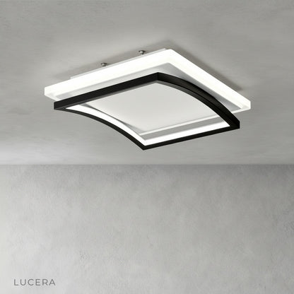 broom ceiling light with warm dimmed glow in modern bedroom at evening