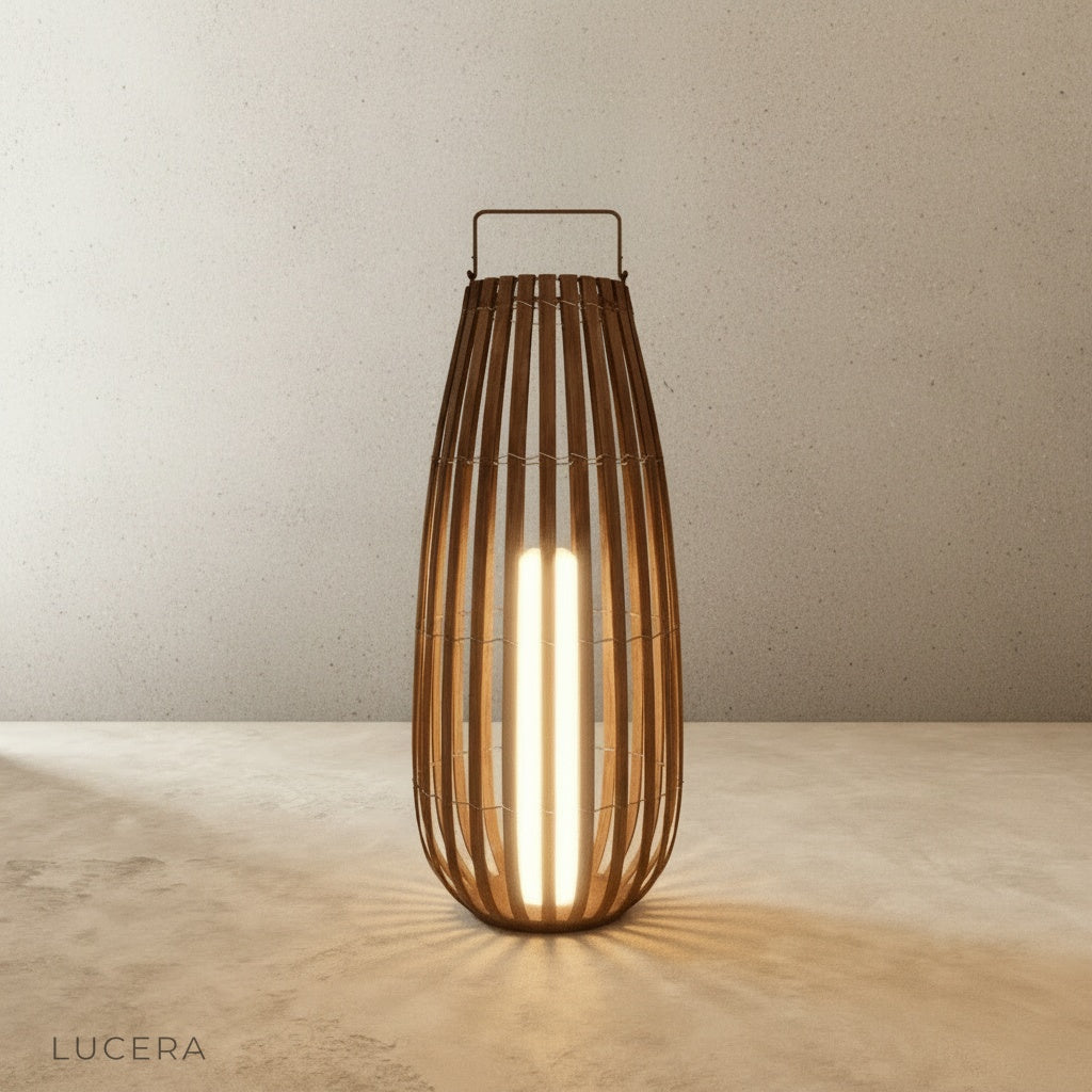 electric outdoor garden lamp with warm LED light in courtyard