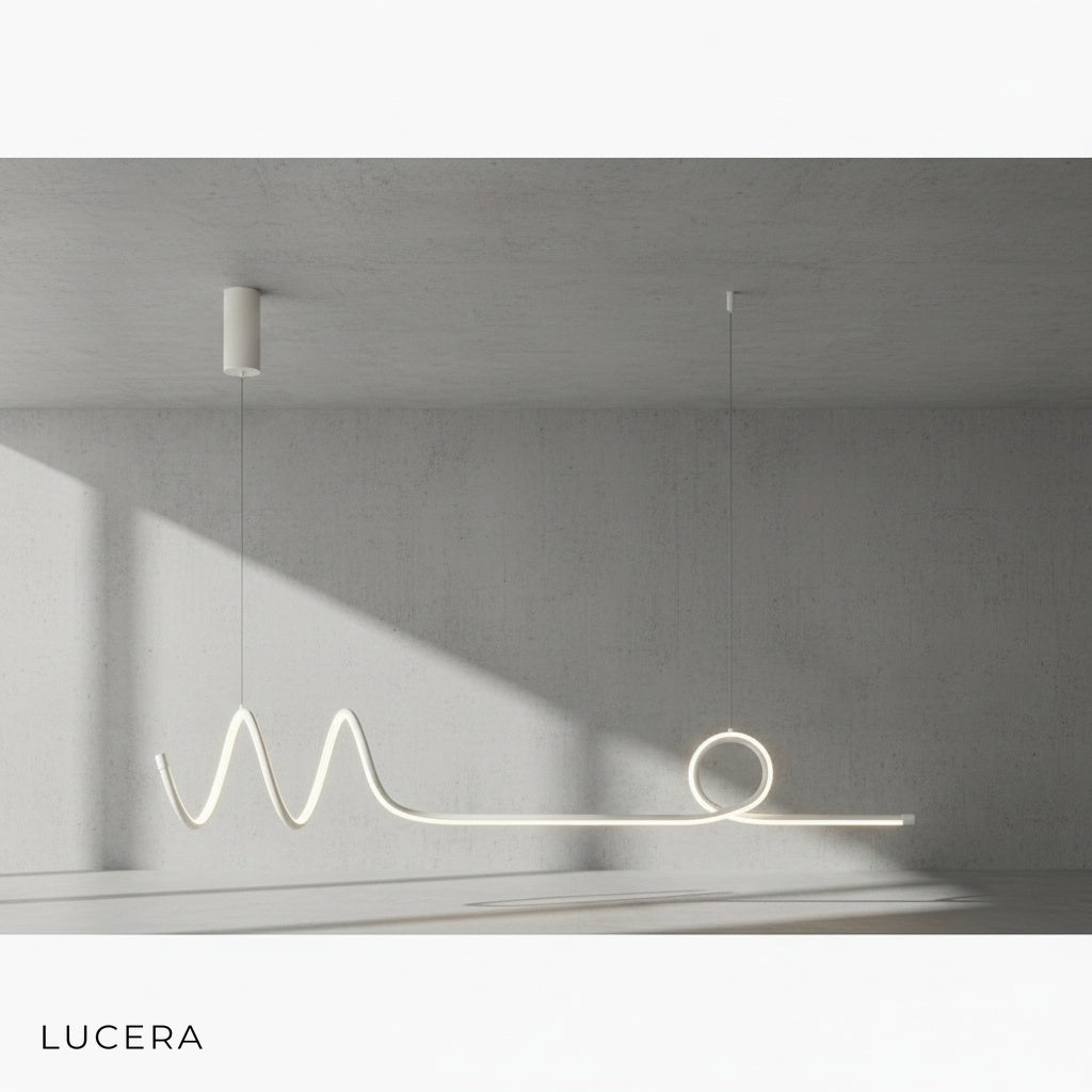 Eira Nordic pendant lamp with long strip in brushed aluminum, hanging above a kitchen island