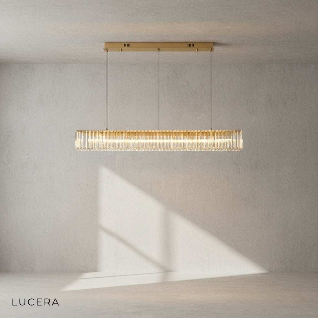 Close-up of crystal prisms and integrated LED strip on the Ivar chandelier's metal frame