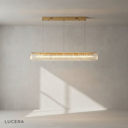 Close-up of crystal prisms and integrated LED strip on the Ivar chandelier's metal frame