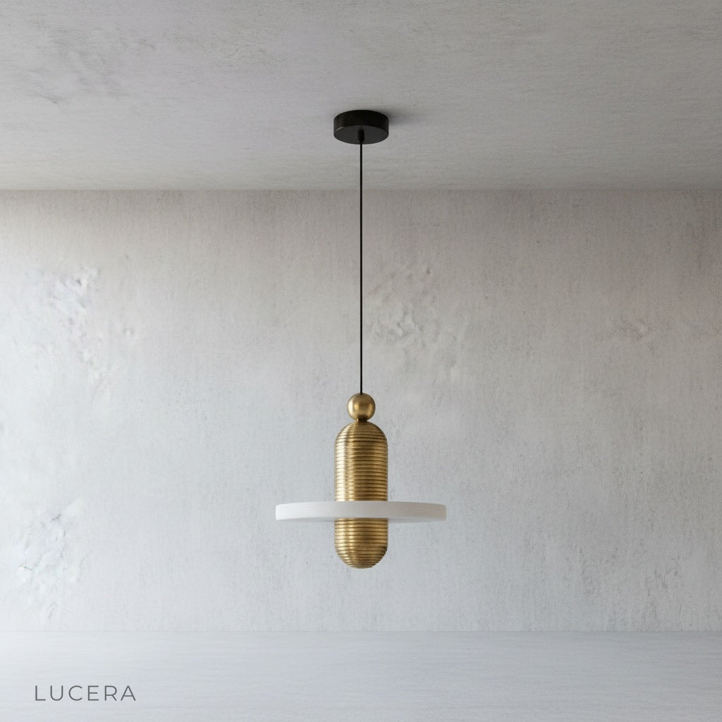 fluted aluminum frame detail on Marianist pendant light against neutral backdrop