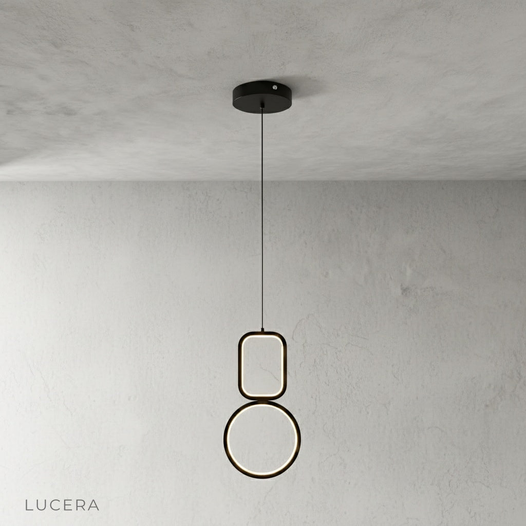 Facade pendant light angled view highlighting layered geometric silhouette