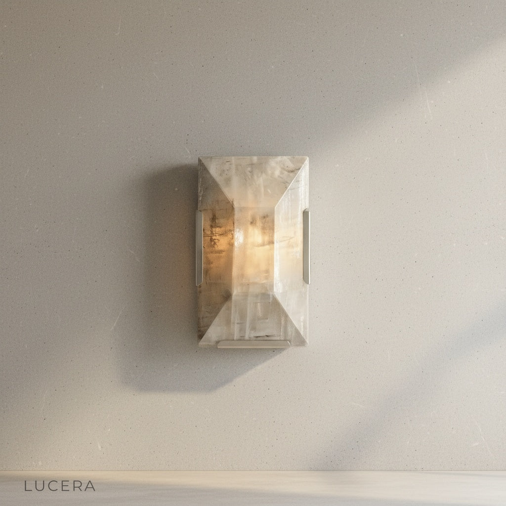 Close-up of Haut-Médoc alabaster stone texture with warm light diffusing through facets