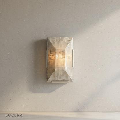 Close-up of Haut-Médoc alabaster stone texture with warm light diffusing through facets