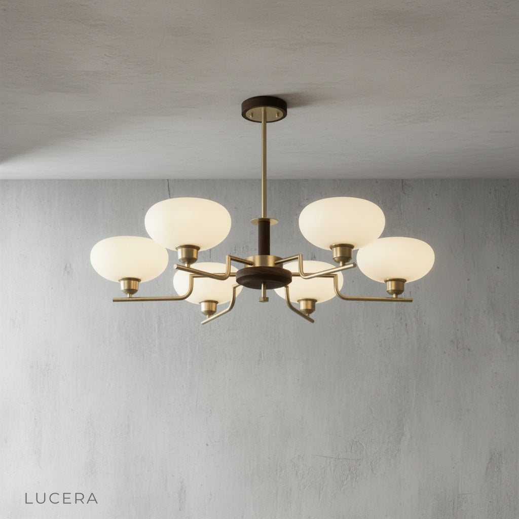 wood finish variant of inlet chandelier with eight heads arranged in circular configuration