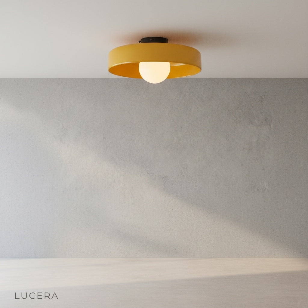 Madder ceiling light in a bright office corner, minimalist design casting warm glow over a wooden desk