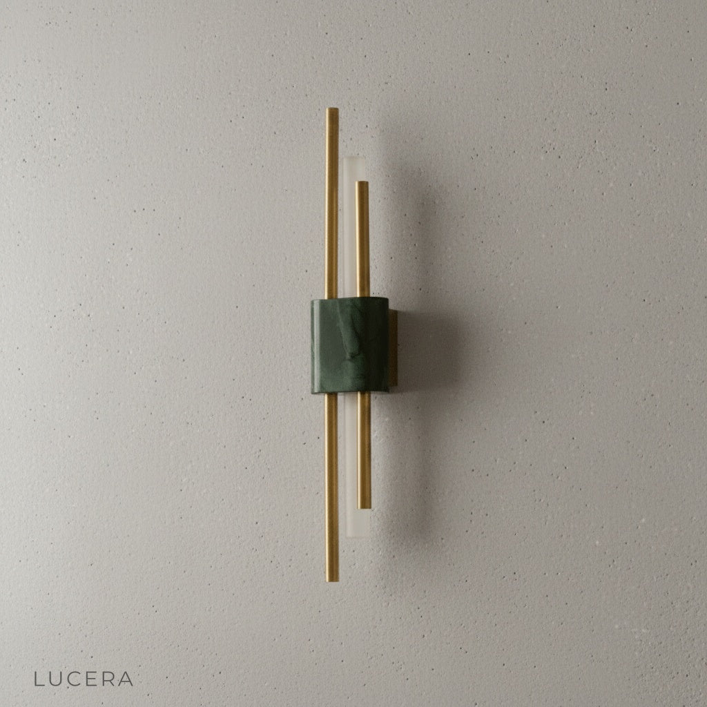 Close-up of Xyloid wall lamp LED light source with warm glow and brushed metal texture