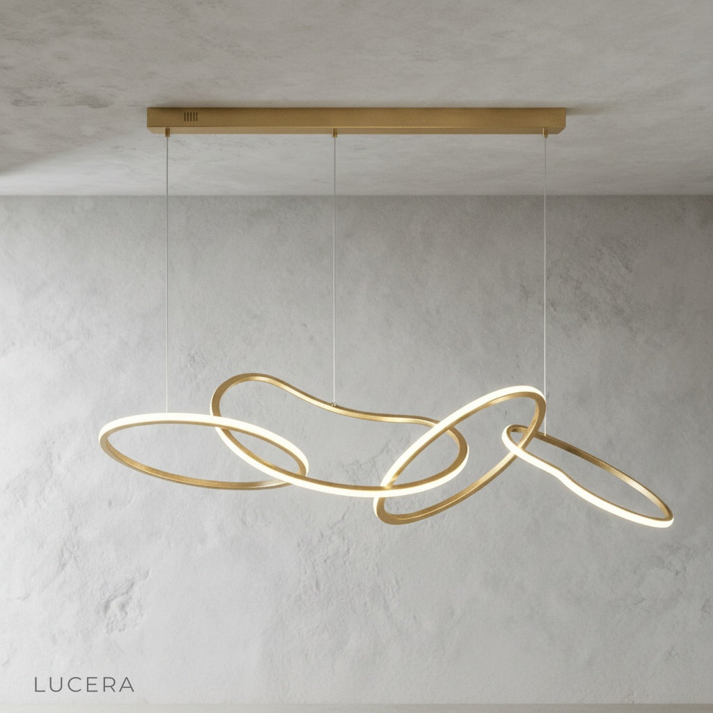 Yakitori chandelier glowing in a bedroom with neutral tones and soft textiles