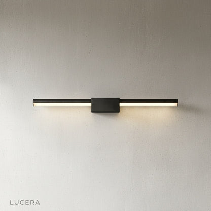 Fiamma wall lamp close-up of linear LED light bar with brushed iron finish