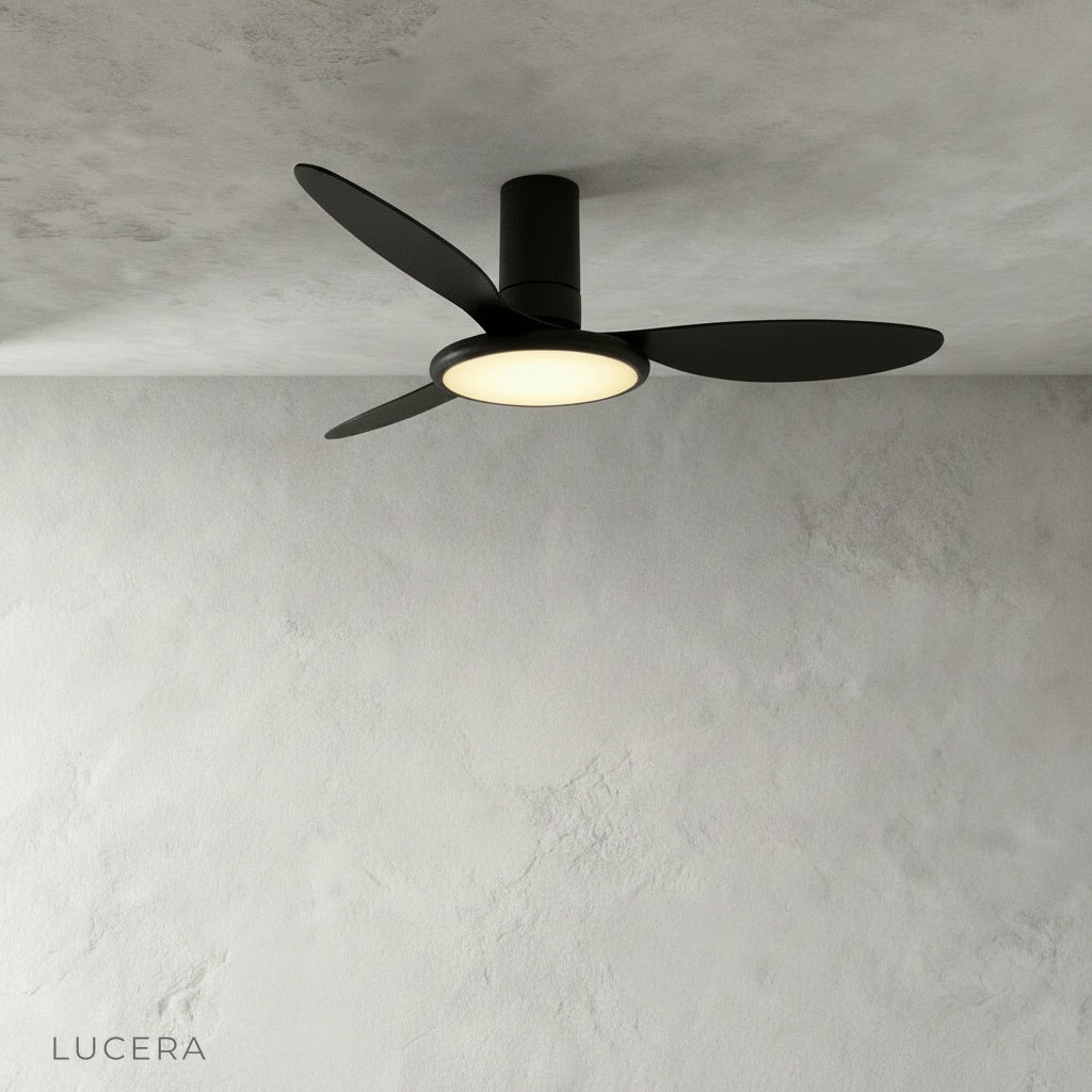 Umbria ceiling fan in bright home office with natural light and minimal decor