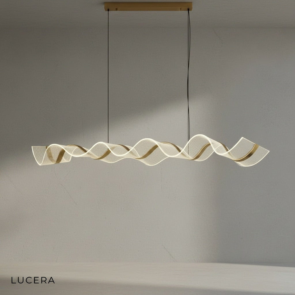 Gold chandelier flush mount with warm ambient light in minimalist bedroom setting