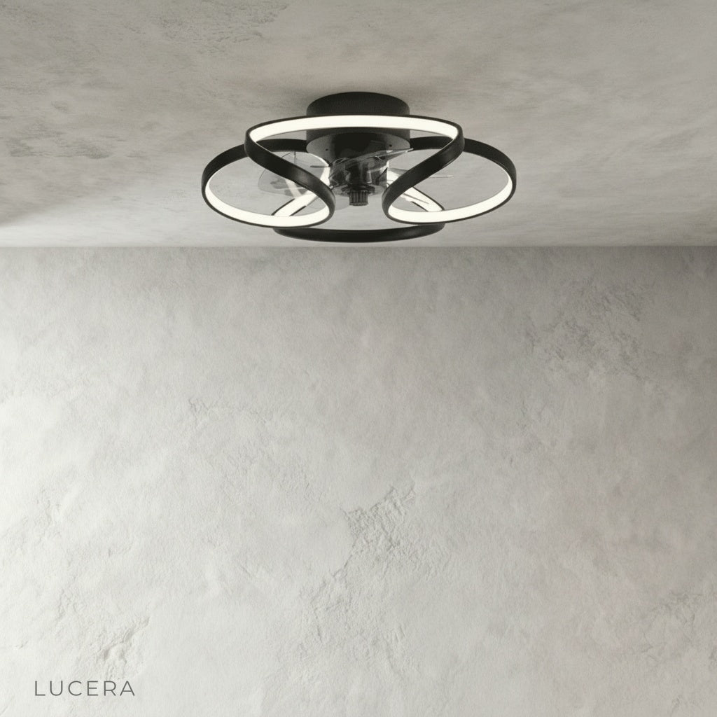 close-up of integrated LED light panel on white ceiling fan fixture