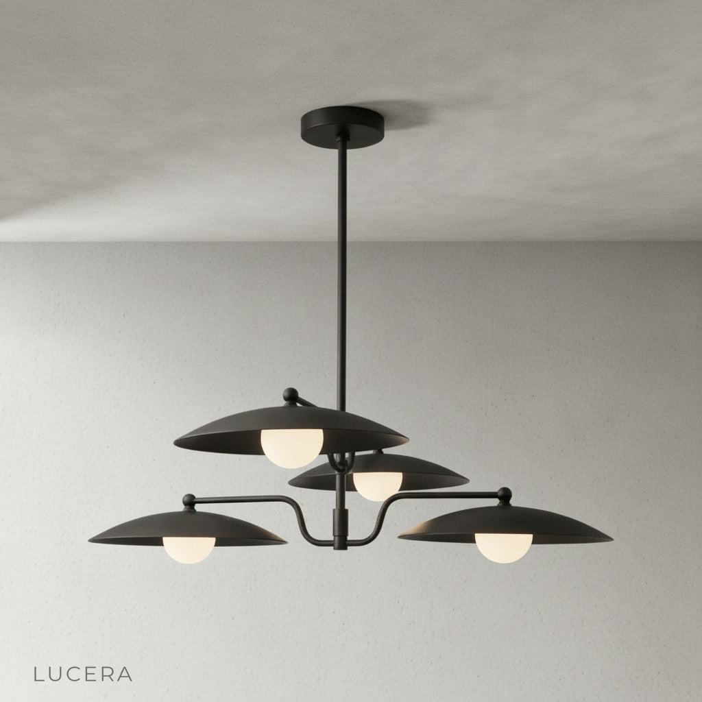 Stellar Brass Chandelier with dome shades evenly spaced around balanced central stem