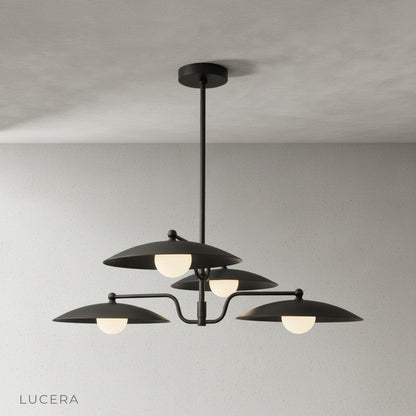 Stellar Brass Chandelier with dome shades evenly spaced around balanced central stem