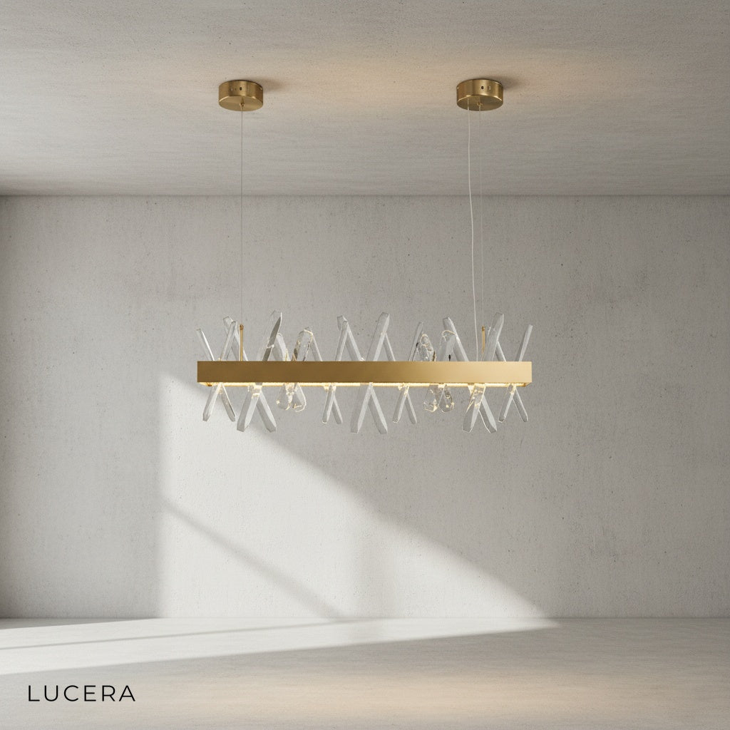 Arte chandelier with warm ambient light in cozy evening living room