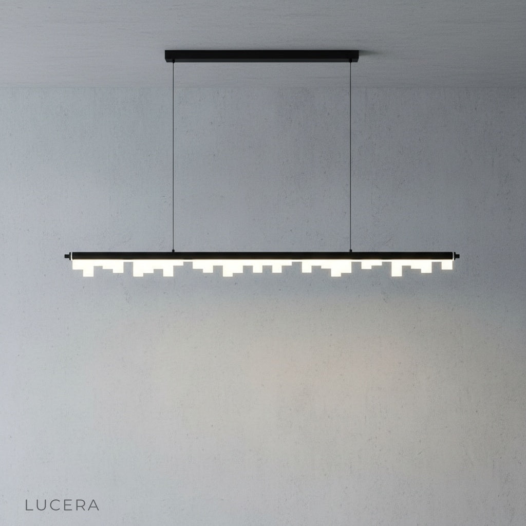 Lucera pendant light with dynamic skyline design casting warm ambient glow in a stylish living room