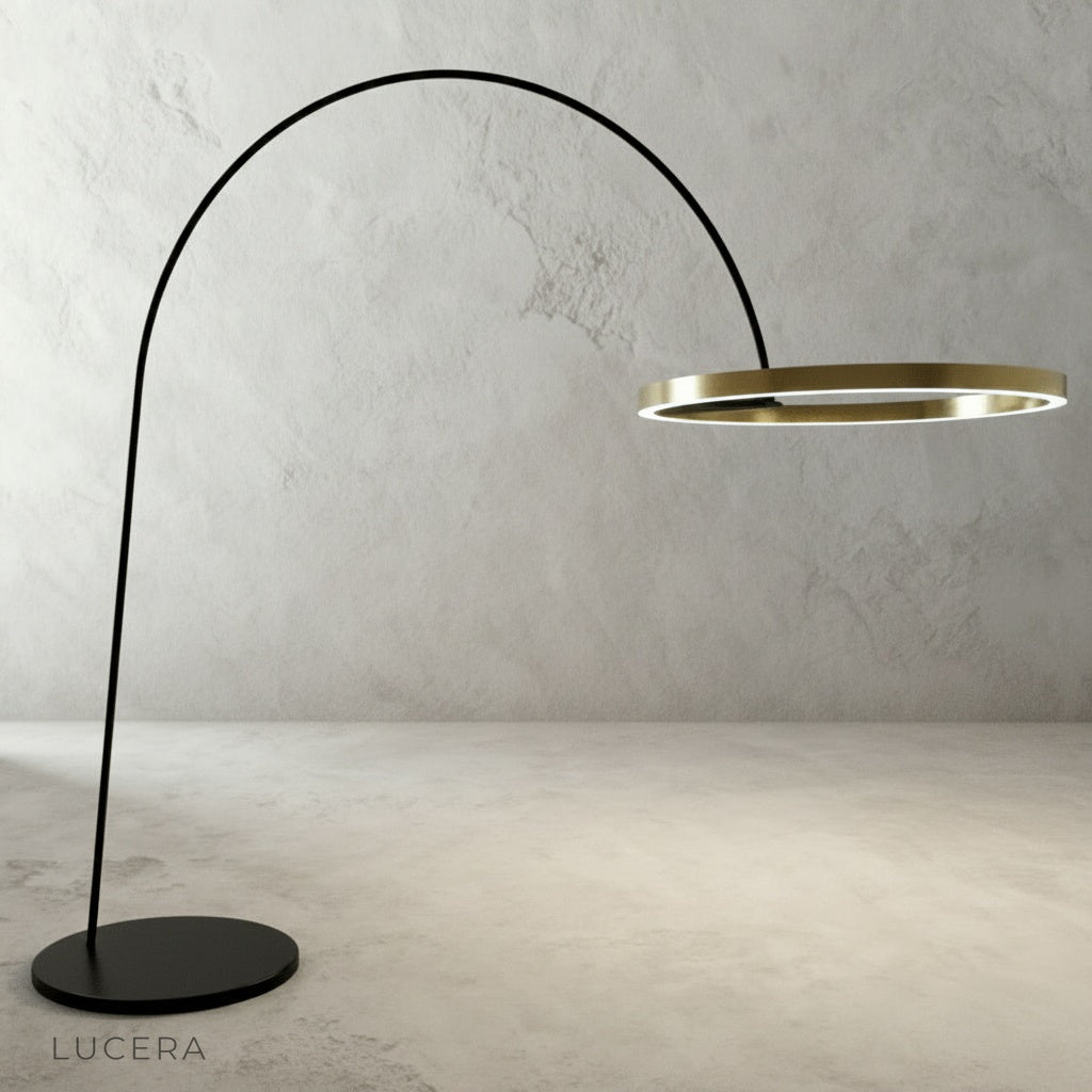 contemporary floor lamp with curved stem in minimalist studio setting