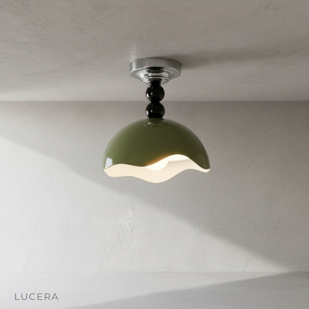 Close-up of Aegis ceiling light wave-edged glossy exterior and smooth interior
