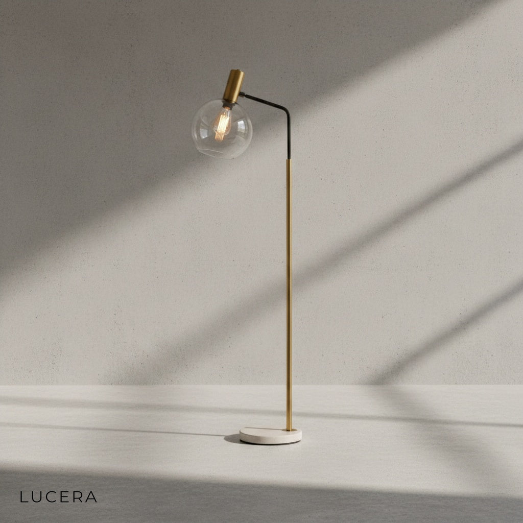 Geneva floor lamp with three glass globes in soft daylight studio