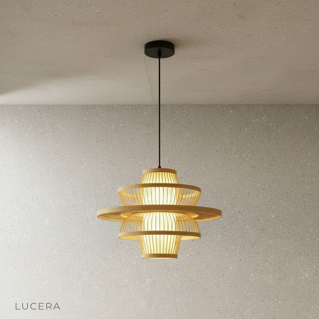 single bamboo pendant light casting ambient glow above wooden bedside table in bedroom
