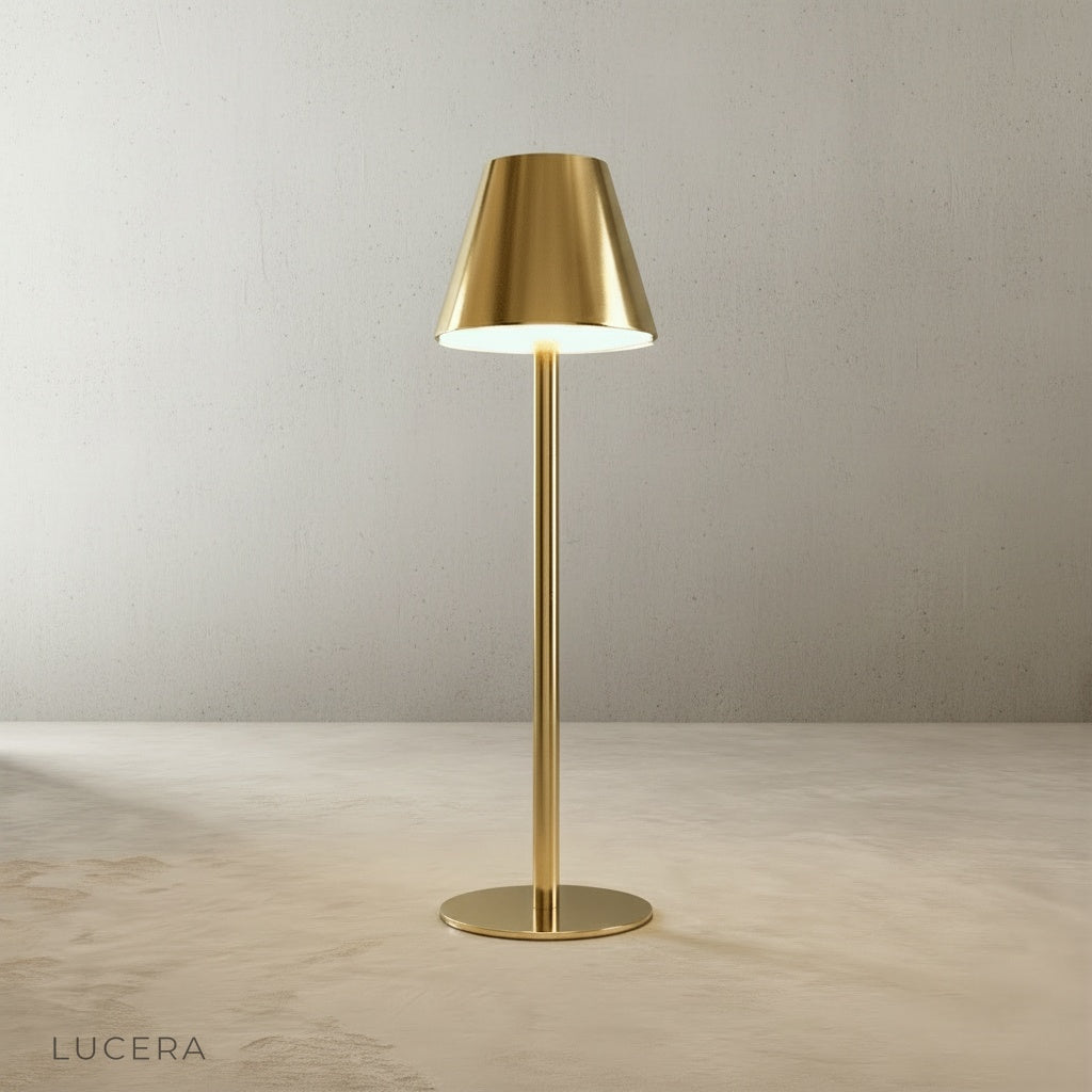 detail of yellow table lamp wrought iron construction with smooth matte finish