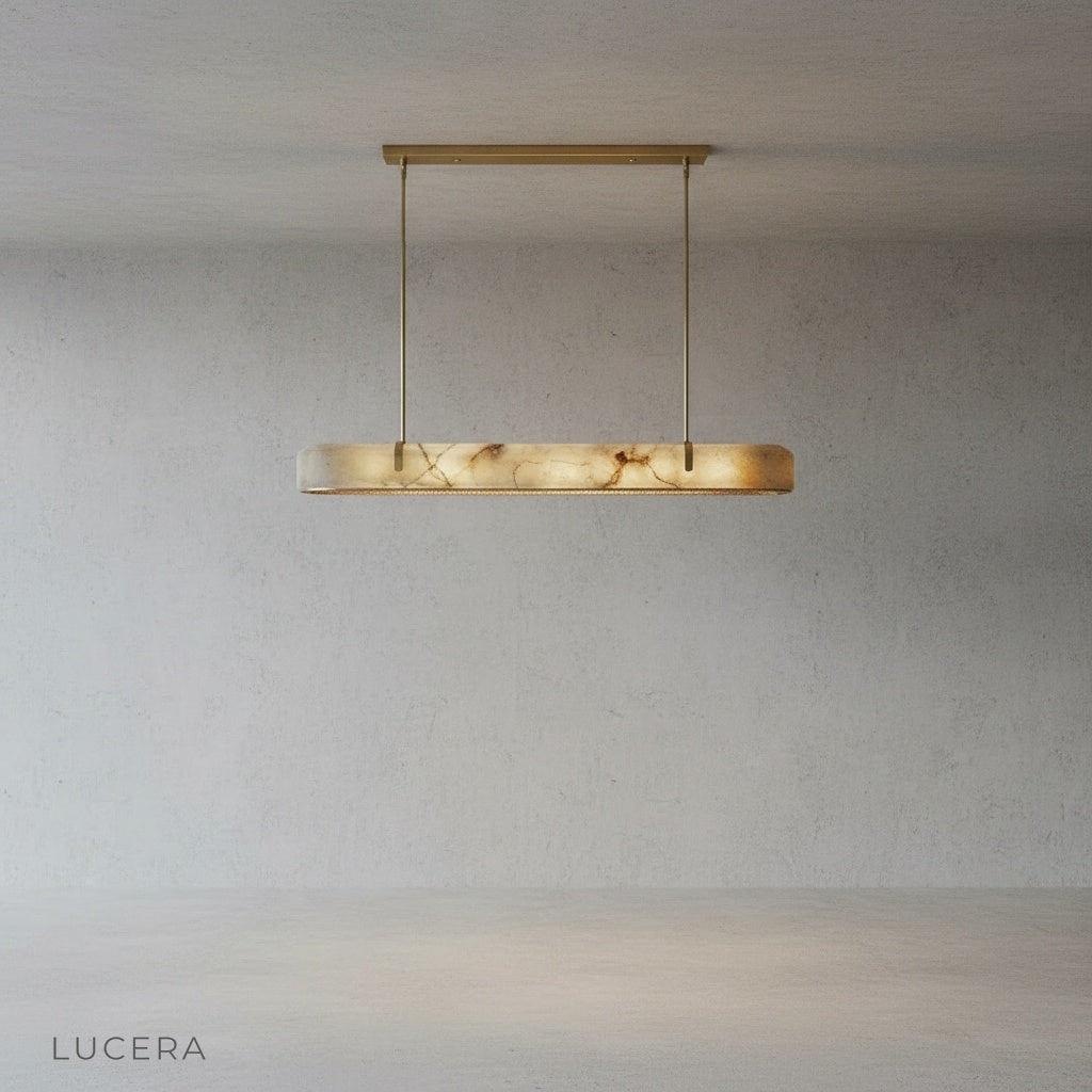 side profile of Nerissa chandelier showing elongated linear form and soft glow