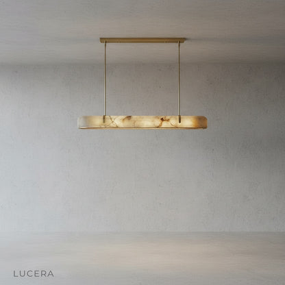 side profile of Nerissa chandelier showing elongated linear form and soft glow