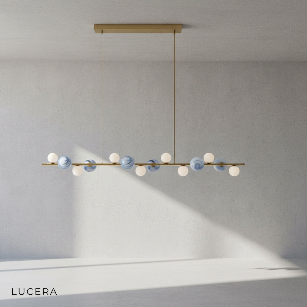 Alternate finish of Ran Linear Chandelier with dark bronze metal and frosted glass