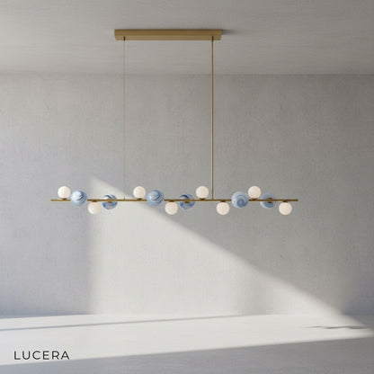 Alternate finish of Ran Linear Chandelier with dark bronze metal and frosted glass