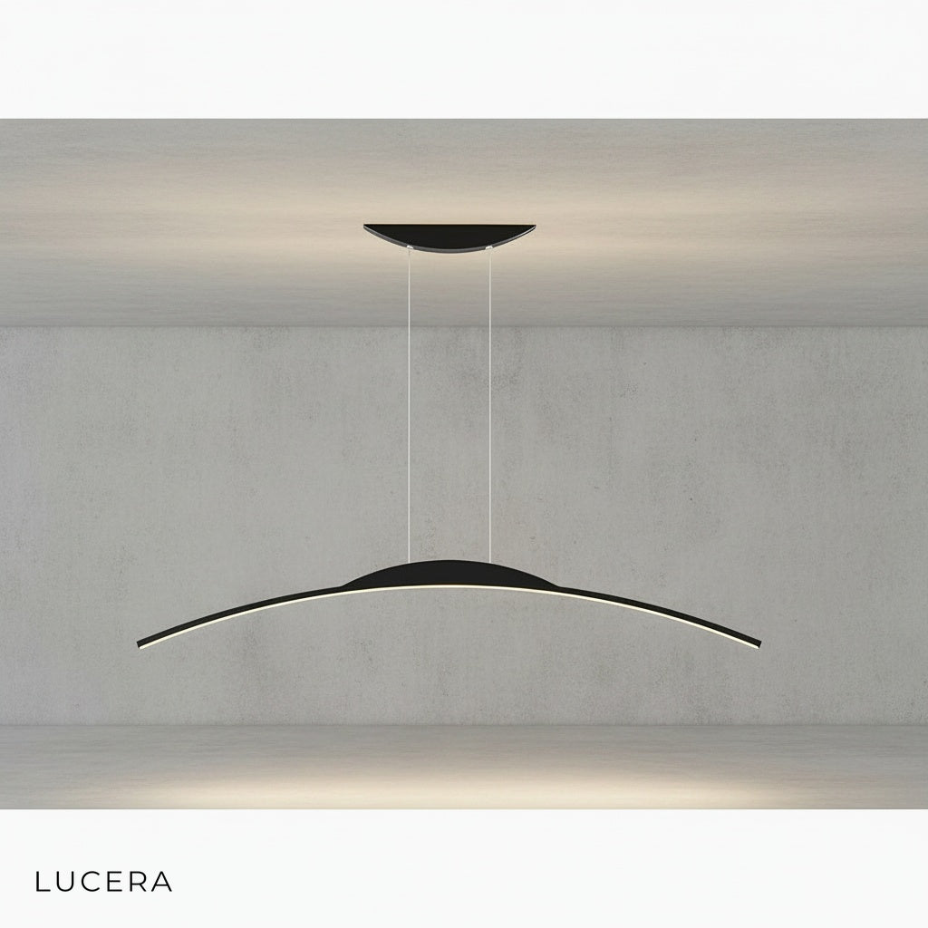 Black chandelier suspended over a kitchen island in a contemporary home