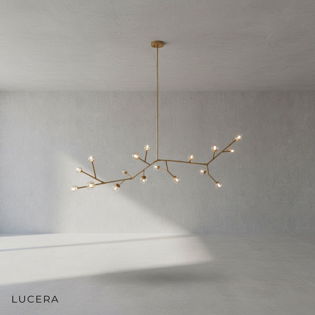 Norn chandelier at dusk with ambient glow in a minimalist lounge