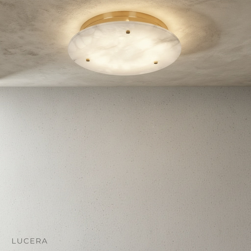 Dining area with Transom flush mount light casting warm glow over wooden table