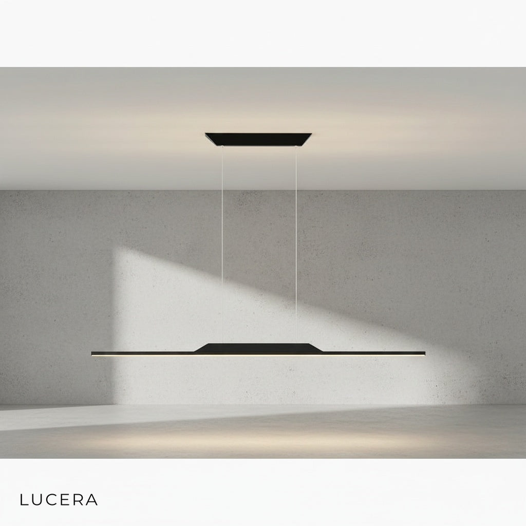 Detail shot of Vind chandelier's minimalist linear structure with gold and black contrast