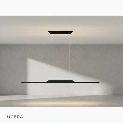 Detail shot of Vind chandelier's minimalist linear structure with gold and black contrast