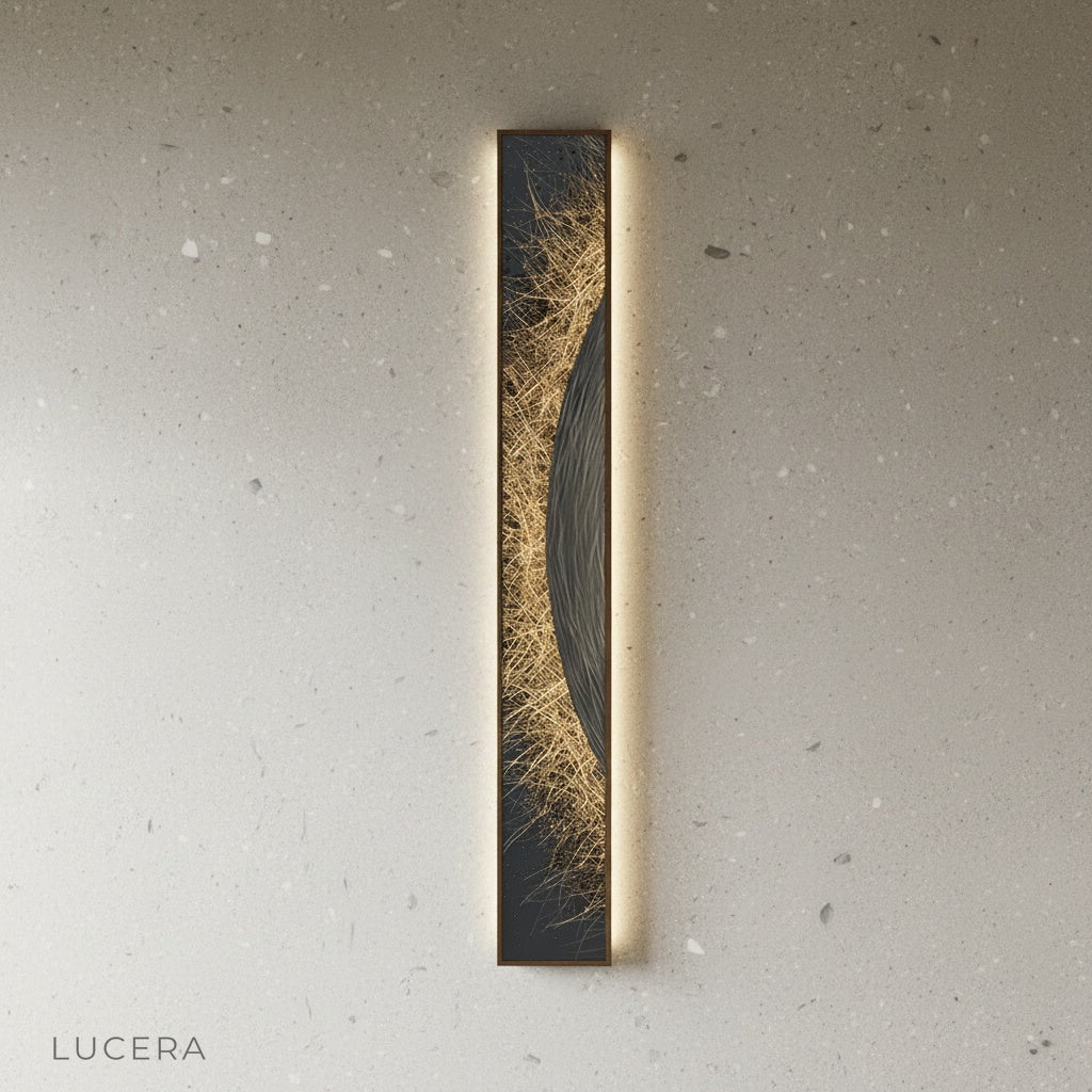 Vela Steel Illuminated Art in a dimly lit hallway, casting subtle artistic shadows