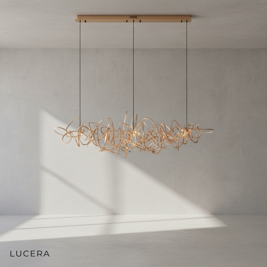 Isabelline rectangle chandelier with cool 6000K light in minimalist hallway with high ceiling