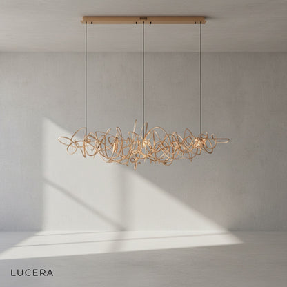 Isabelline rectangle chandelier with cool 6000K light in minimalist hallway with high ceiling