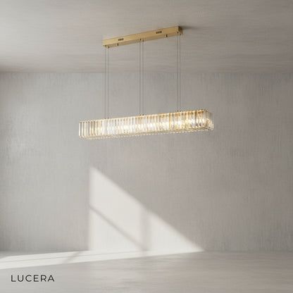 Angle view of Ivar crystal chandelier showing the linear silhouette and reflective crystal drops