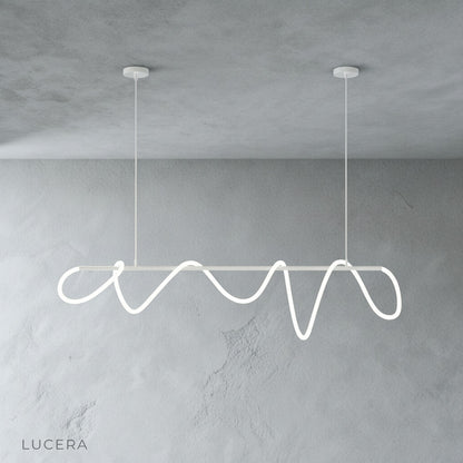 black metal cable chandelier with looped LED tube in bright airy space