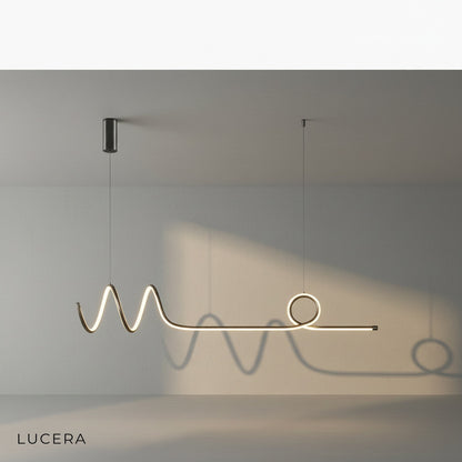 Eira Nordic pendant lamp with long strip, dimmable warm glow, in a cozy Scandinavian bedroom