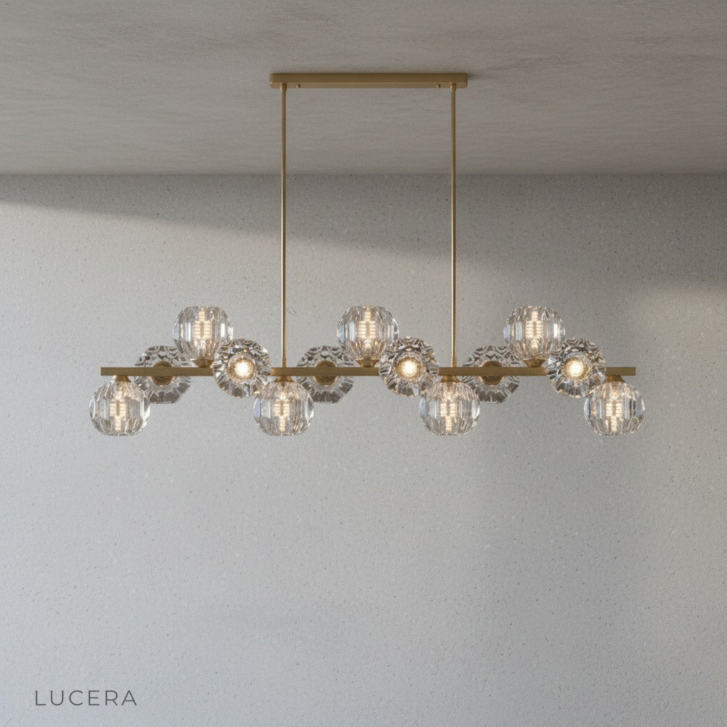 Detail view of Unisono Linear Chandelier smart control dimmer switch on wall