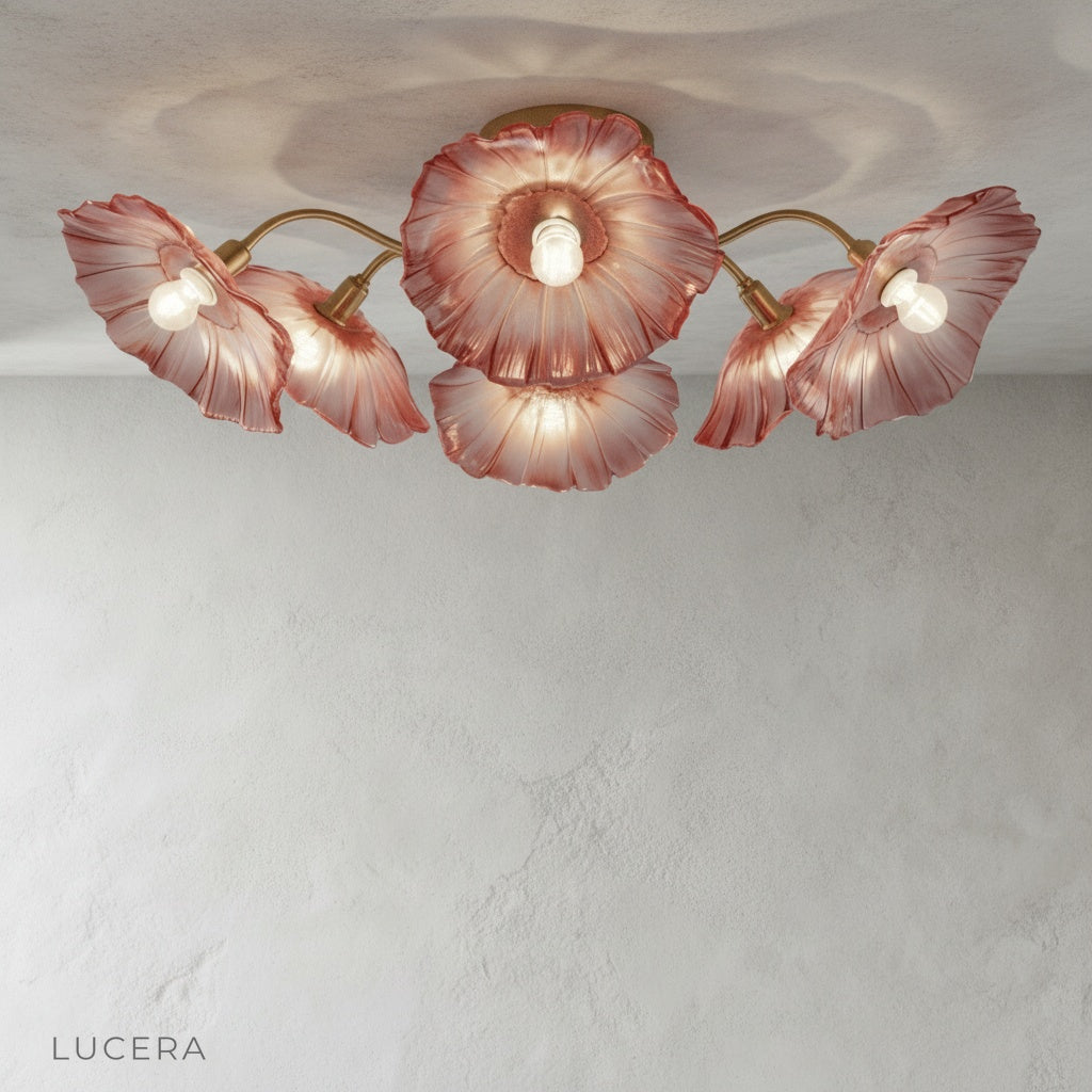 Lucera Uranium ceiling light hanging above minimalist bedroom with elegant aura