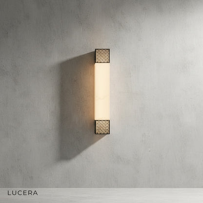 Traditional Chinese style marble wall lamp with brass accents in modern hallway
