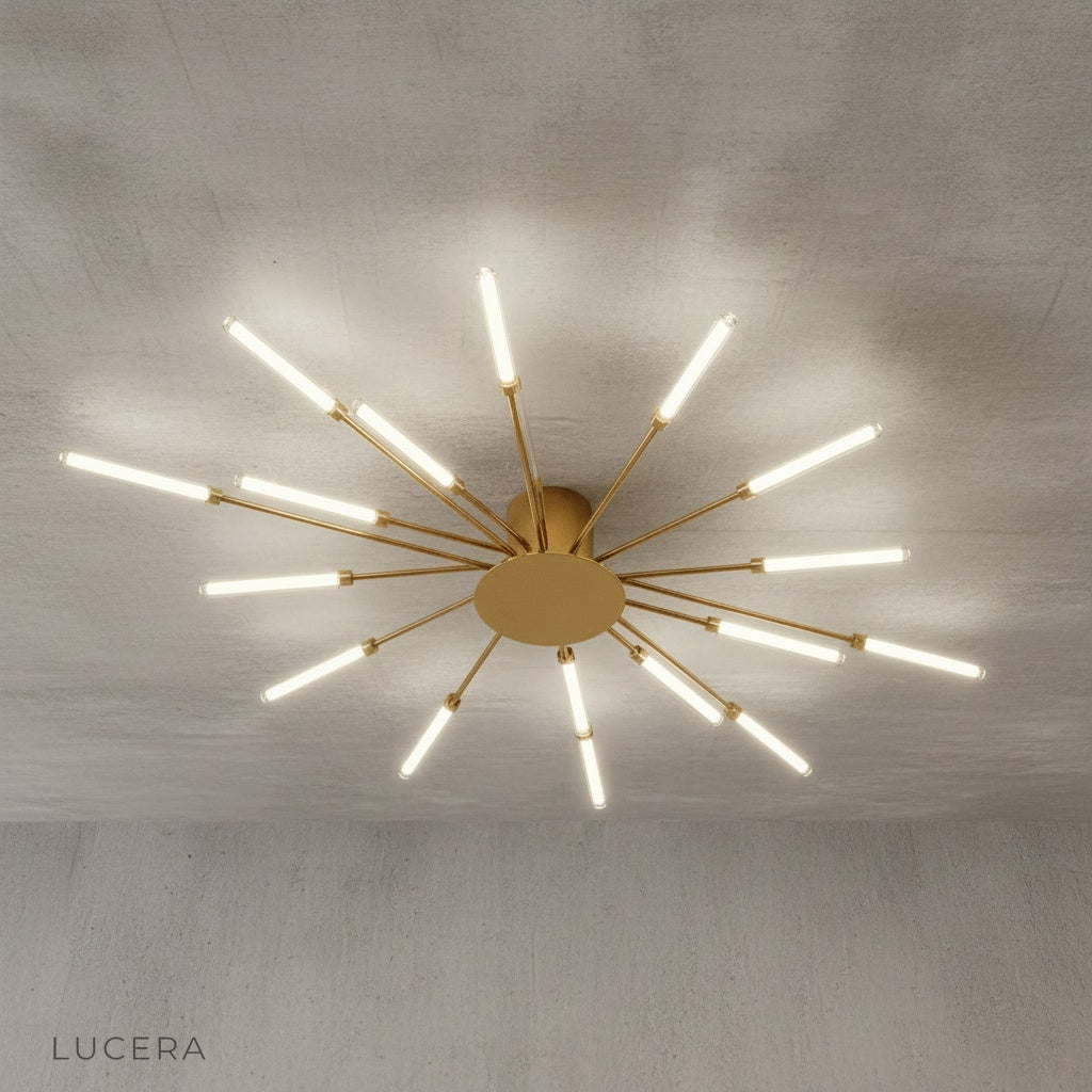 Karma chandelier in contemporary dining room casting soft ambient light over wooden table