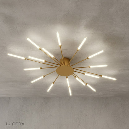 Karma chandelier in contemporary dining room casting soft ambient light over wooden table