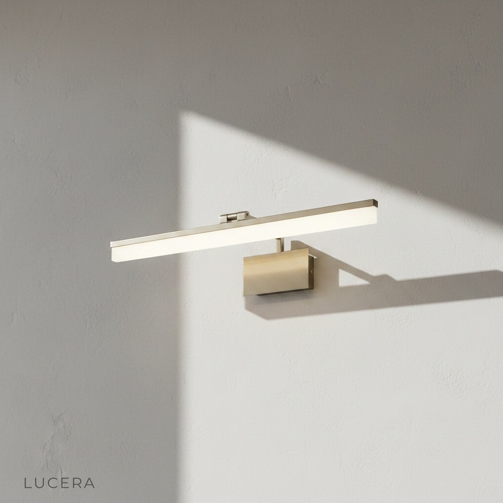 balance wall lamp illuminating contemporary bathroom mirror with warm glow