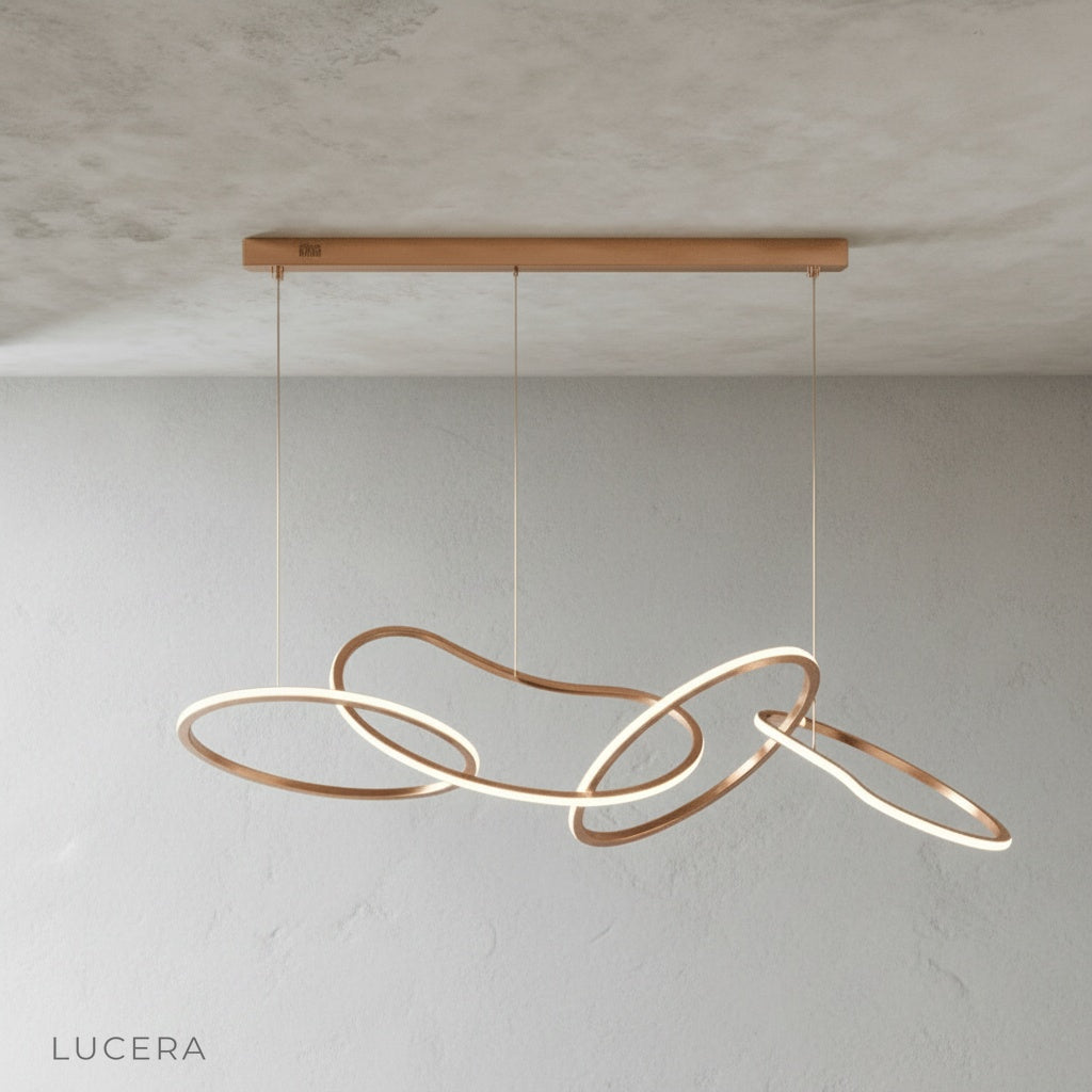 artistic ambient shot of Yakitori LED chandelier in a gallery-like space with dim lighting