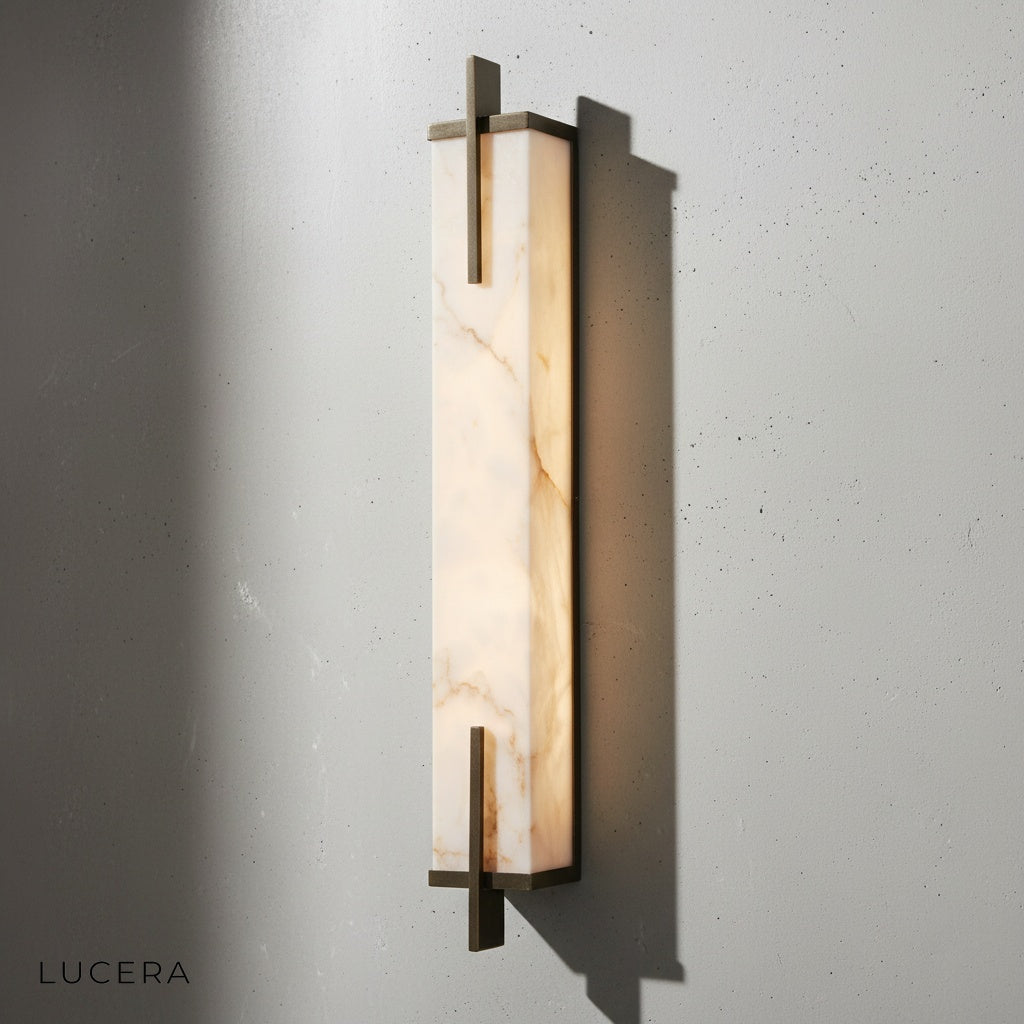 Amalfi iron wall sconce paired with wooden console in modern Asian interior