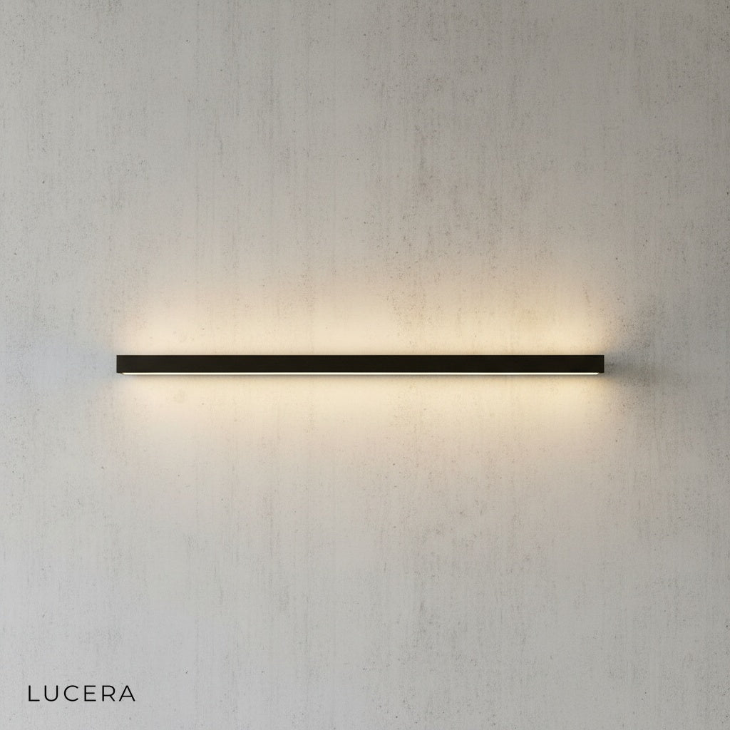 angled studio view of Staccato Bookshelf LED Wall Lamp with color-changing LED strip in blue mode